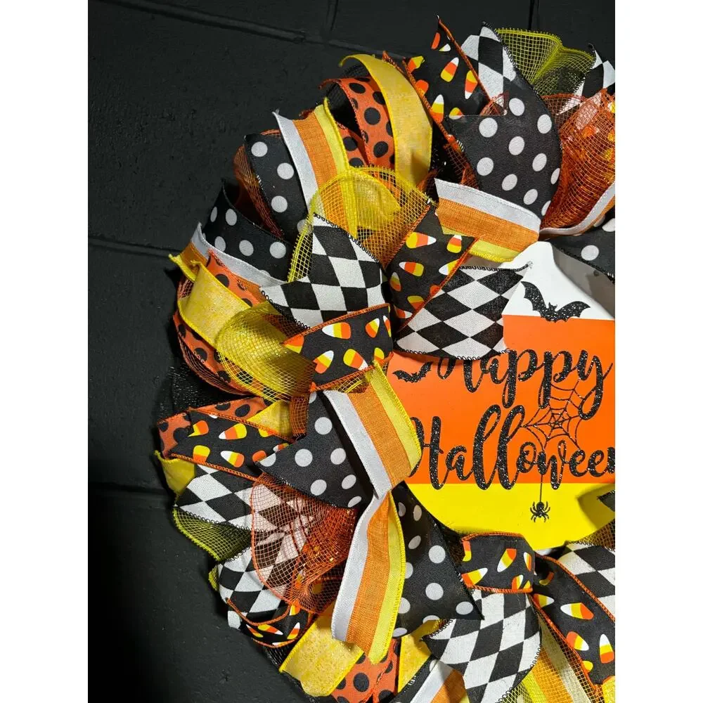 Halloween Wreath~Candy Corn, Trick Or Treat~Large~Front Door~Handmade 22 inch